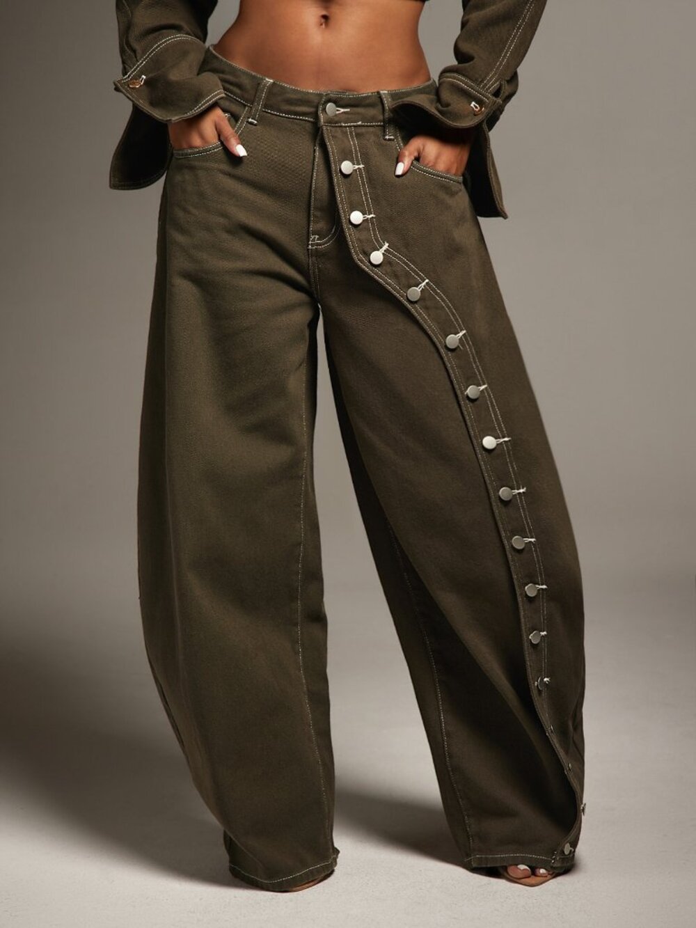 Army Green Casual Women's Double Button Zipper Fly Loose Long Plain Harem Jeans